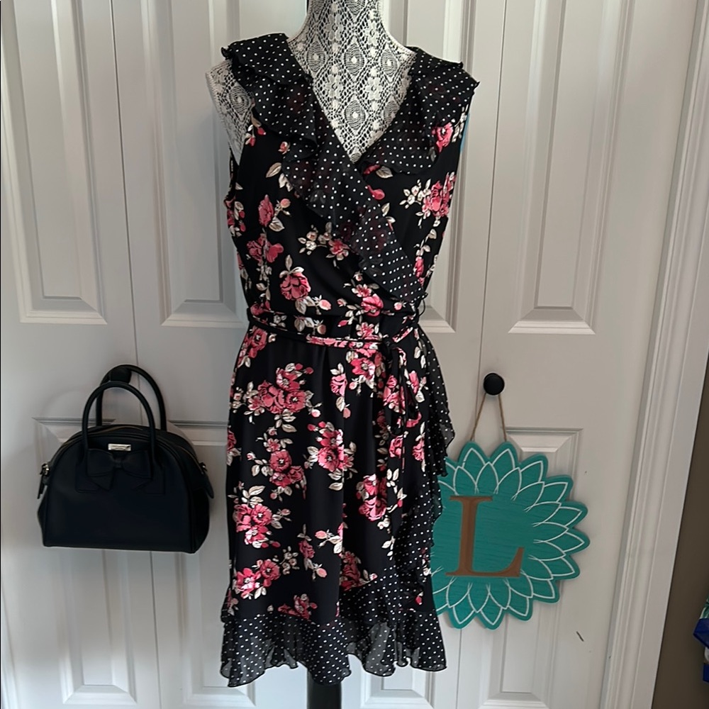 Floral Asymmetrical Dress - Black and Pink